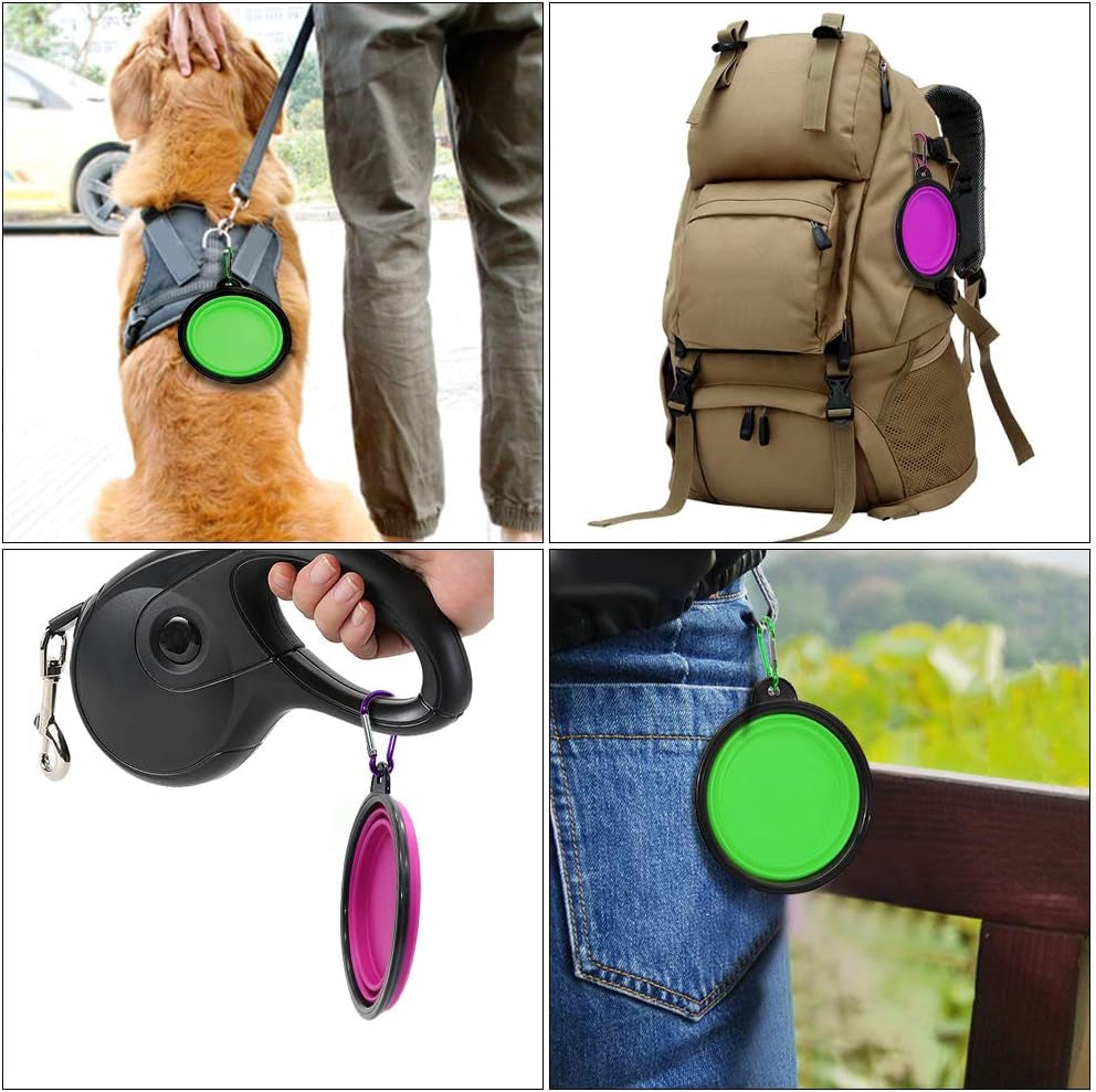 Collapsible Pet Bowls for Dogs and Cats, 2-Pack Portable Water and Feeding Dishes with Carabiners (Small, Green and Purple)