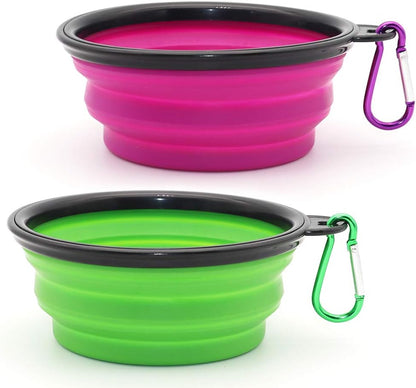 Collapsible Pet Bowls for Dogs and Cats, 2-Pack Portable Water and Feeding Dishes with Carabiners (Small, Green and Purple)