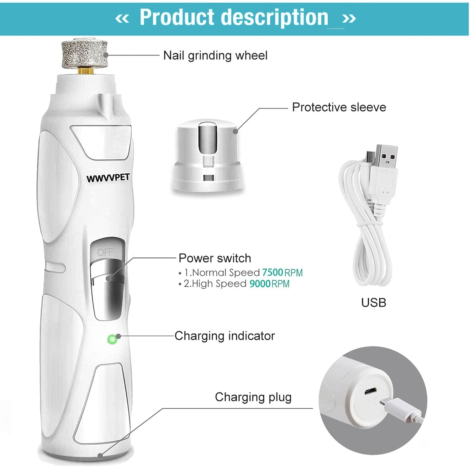 Professional Pet Nail Grinder with LED Light, Dual Grinding Heads, and Adjustable Speed for Quiet and Efficient Grooming of Dogs and Cats