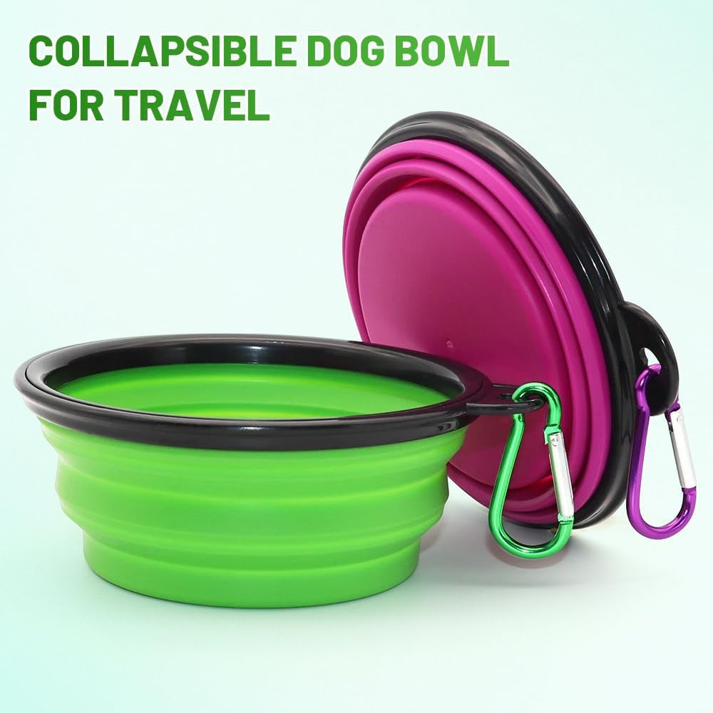 Collapsible Pet Bowls for Dogs and Cats, 2-Pack Portable Water and Feeding Dishes with Carabiners (Small, Green and Purple)