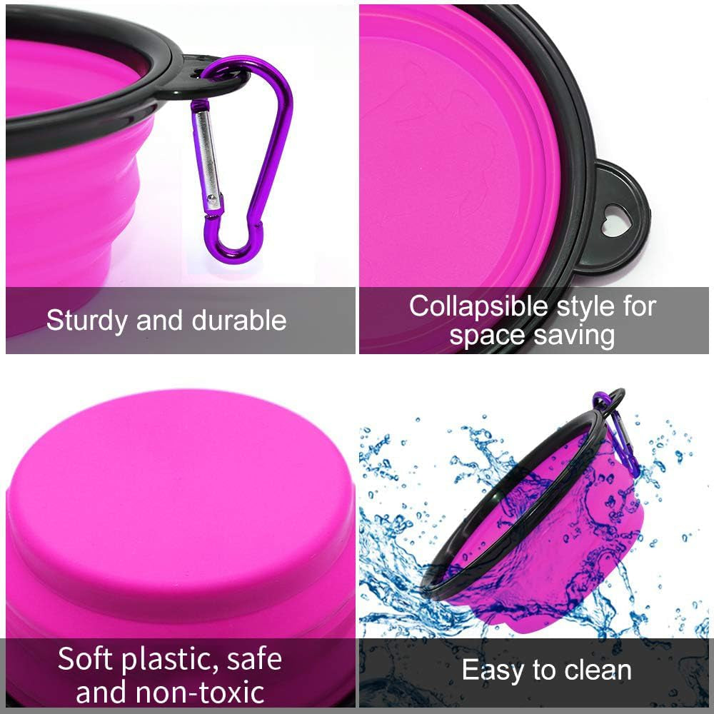 Collapsible Pet Bowls for Dogs and Cats, 2-Pack Portable Water and Feeding Dishes with Carabiners (Small, Green and Purple)