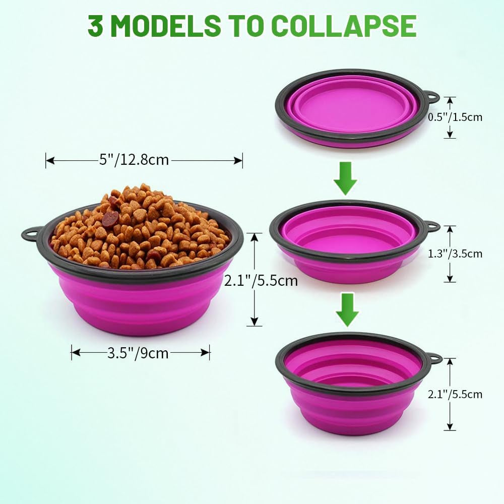 Collapsible Pet Bowls for Dogs and Cats, 2-Pack Portable Water and Feeding Dishes with Carabiners (Small, Green and Purple)